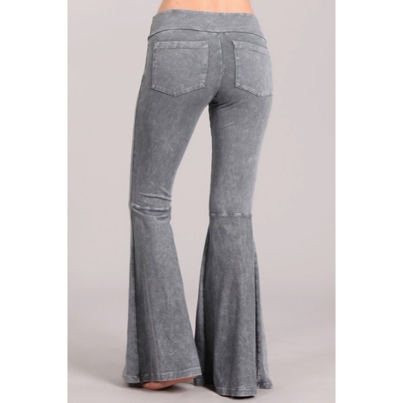 Light Gray Mineral Wash French Terry Flared Bell Bottom Pull On Pants w/ Pockets - Picture 2 of 5